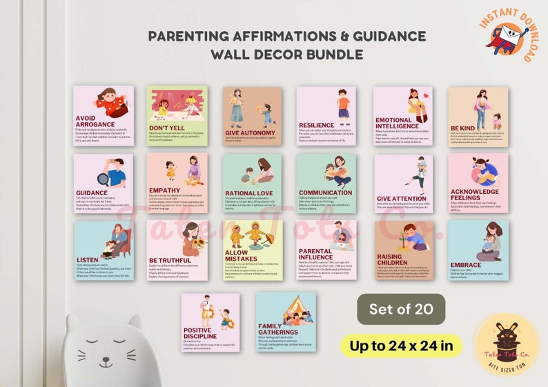 Parenting Affirmations and Guidance Wall Decor Set of 20 Home or School, Therapy Decor Instant Download PDF