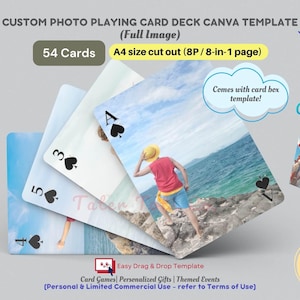 Diseño de naipes fotográficos personalizados con caja y fácil de arrastrar y soltar Marcos de imagen completos Plantilla Canva Acceso instantáneo
