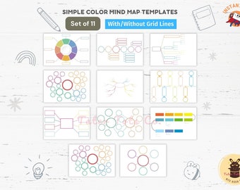 Color Mind Map Templates: Enhance Classroom Note-Taking and Brainstorming with Simple Graphic Organizers in Grid Layout (PDF)