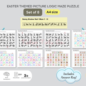 May include: A set of 8 Easter-themed picture logic maze puzzles for kids. The puzzles feature a bunny shadow hunt, with 3 mazes to solve. The puzzles are designed for children ages 3 and up and are educational, helping to improve hand-eye coordination, focus, and brain development. The puzzles are printed on A4 size paper and include an answer key.