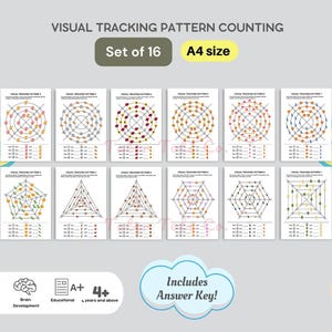Pode incluir: Um conjunto de 16 folhas de trabalho de contagem de padrões de rastreamento visual em tamanho A4. As folhas de trabalho apresentam vários padrões geométricos com pontos e linhas coloridas. O conjunto inclui uma chave de resposta e é projetado para fins educacionais, para maiores de 4 anos.
