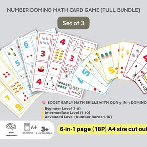 Gioco di carte matematiche Number Chain Domino - Pacchetto completo di apprendimento interattivo di aritmetica precoce (3 livelli) Download immediato PDF