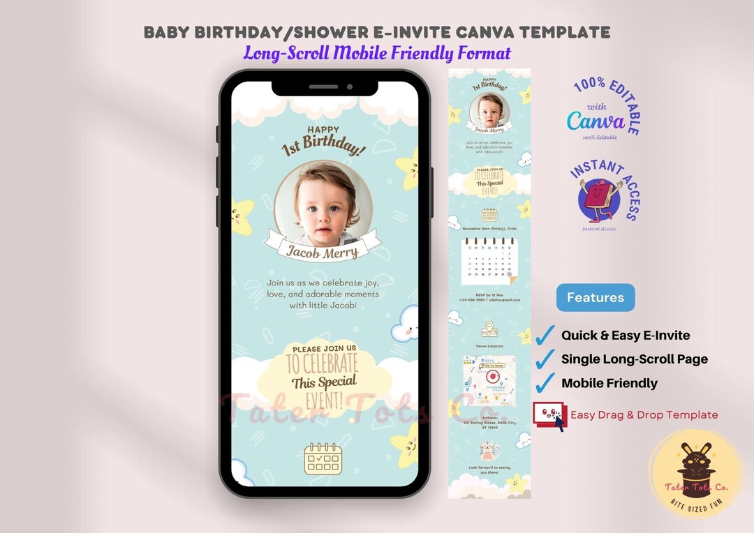 Baby Birthday Long Scrollable Mobile Friendly E-vite PNG/JPG Save the ...