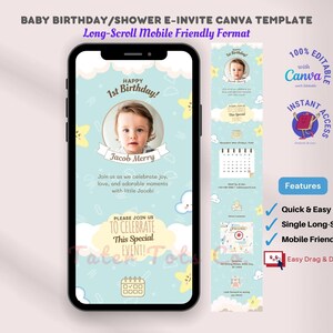 Anniversaire de bébé longue déroulante E-Vite compatible avec les mobiles PNG/JPG Retenez la date Carte électronique Evite Modèle Canva Accès instantané