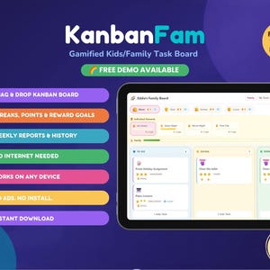 May include: A digital tablet displaying the KanbanFam gamified task board interface with columns for to-do, doing, and done tasks. The screen shows individual rewards, points, and streaks. Text includes KanbanFam, Gamified Kids/Family Task Board, and feature lists.