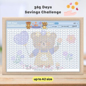365-dniowe wyzwanie oszczędnościowe: Grid Habit Tracker Cute Couple Flower Bears do rozmiaru A2 - natychmiastowe pobranie pliku PDF