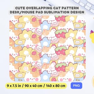 May include: A sublimation design featuring a repeating pattern of cute cartoon cats with strawberries and flowers. The design is perfect for creating a custom desk or mouse pad. The design is 9 x 7.5 inches or 90 x 40 centimeters.