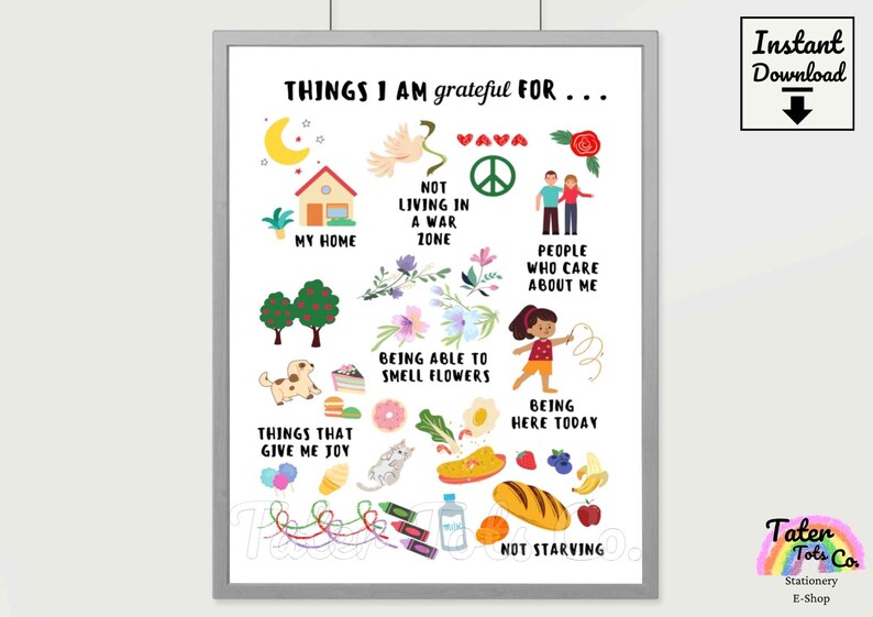 Positive Mindset Things I am grateful for poster, Words of Affirmation for Kids and Playroom Decoration Instant Download (PDF)