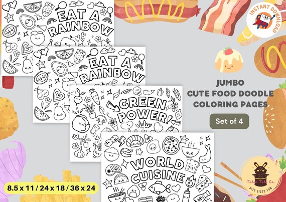 Large Coloring Sheets Bundle Cute Food Doodle Patterns Kids