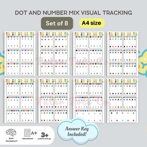 May include: Set of eight printable A4 size visual tracking worksheets for kids. Each worksheet features a grid with numbers and colored dots. The worksheets are designed to help children develop hand-eye coordination, focus, and brain development. Answer key included.