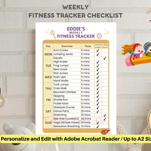 May include: A printable weekly fitness tracker checklist for kids, featuring a cartoon character on a rocket. The checklist includes a variety of exercises, such as arm circles, jumping jacks, squats, high knees, frog jumps, bear crawls, star jumps, push-ups, hand walks, tuck jumps, crab walk, mountain climbers, skipping, shuttle run, flutter kicks, obstacle course, dance party, stretching, bike ride, yoga, and relaxation breathing. The checklist also includes a time column and a check box for each exercise.