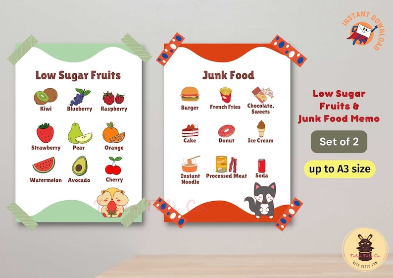 Low Sugar Fruits and Junk Food Memo Posters - Daily Healthy Eating Reminder Set of 2 Diet and Nutrition Decor Instant Download PDF