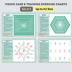 May include: Set of four printable vision care and training exercise charts. The charts feature green concentric squares, hexagons, and eye muscle movement diagrams with coloured circles.