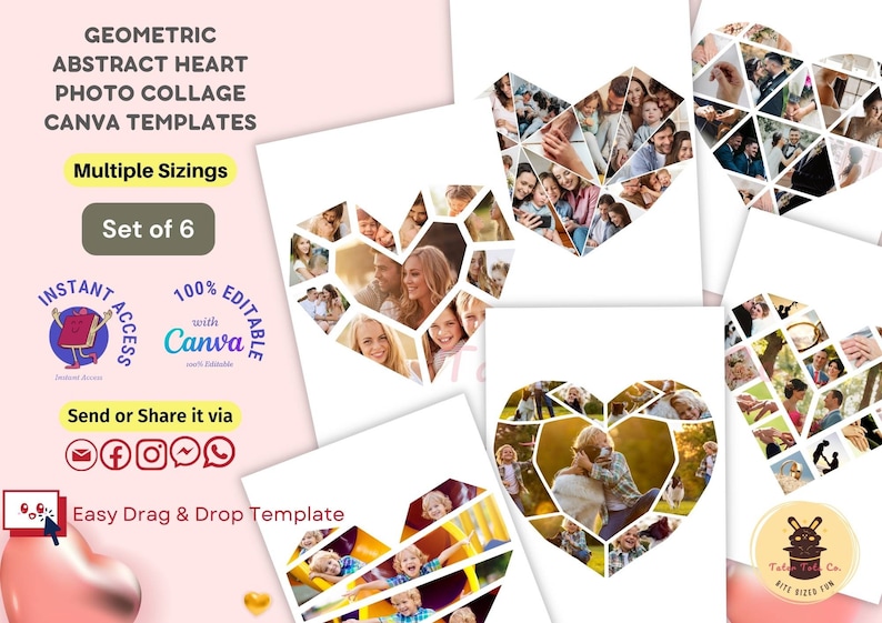 Geometric Abstract Heart Shape Photo Collage Bundle - Creative Photography Design Instant Access Canva Template