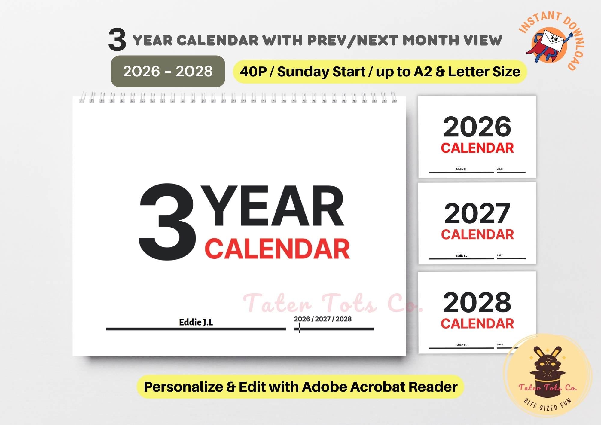 3-Year Calendar (2026 to 2028) in one 12-month Monthly Plan Templates Office planner with Previous and Next Month Overview Editable PDF