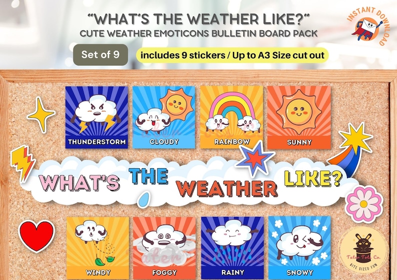What's the weather like? Cute Weather Emoticons Printable Bulletin Board Pack - Preschool Classroom Weather-themed Instant Download PDF