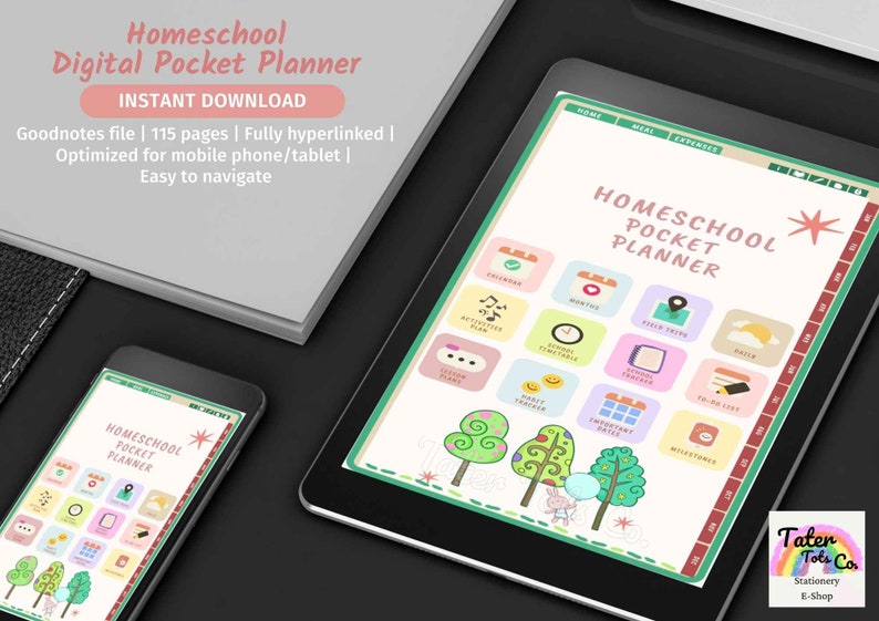 Homeschool Digital Pocket Planner, 2022 2023 Undated Monthly Schedule, IPad/Android, Digital notepad, Goodnotes file and PDF