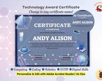 Editable Technology Award Certificate: STEM, Coding, Robotics (PDF Download)
