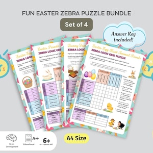 Lustiges Oster-Zebra-logisches Puzzle Grid 4er-Set Bundle - Sofortiger Download PDF Einsteins Rätselspiel für Kinder