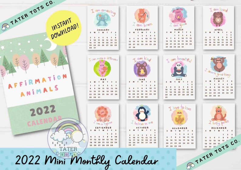 This is a 2022 Mini Calendar for desk, wall, and school titled "Affirmation Animals". This pocket-sized calendar is convenient to bring around or display in a room as a wall or desk calendar. It is suitable for both kids and adults with cute animals doing various activities throughout the year and seasons. Use it to plan important dates or as classroom decoration or kids' room decoration. 2022 desk calendar || 2022 calendar for kids || calendar minimalist || minimalist calendar 2022 printable