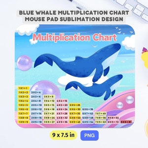 Podkładka pod mysz Oceanic Mother and Baby Blue Whale Multiplication Chart - projekt sublimacyjny PNG do nauki edukacyjnej Natychmiastowe pobieranie