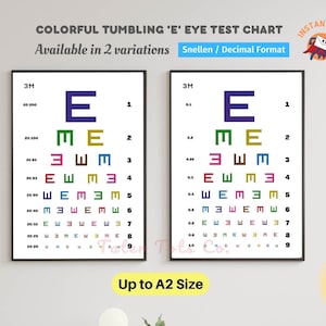 Eenvoudige regenboog tuimelende letter E oogtestkaart oogheelkunde snellen en decimaal equivalent muurkunst Instant Download PDF