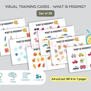 May include: Set of 36 visual training cards for children aged 2-6. Each card features a colourful illustration with one item missing. The cards are designed to help children develop visual perception, memory, and problem-solving skills. The text on the cards reads "What is missing?" and includes a question mark icon.