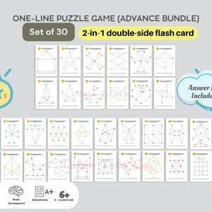 Może przedstawiać: Zestaw 30 dwustronnych kart flash do gry logicznej w jednej linii. Karty są czarno-białe z różnymi kształtami geometrycznymi. Tekst na kartach brzmi "One-Line Puzzle Game (Advance Bundle)" i "Set of 30".