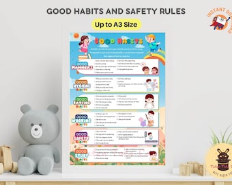 Good Habits and Rules Kids' Daily Routine, Promote Positive Behavior Mindset in Children Poster Instant Download