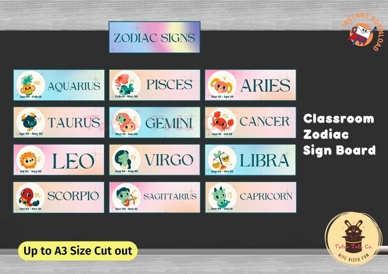 Classroom Zodiac Signs Astrology Theme Bulletin Board with Cute Animals and Title Label Instant Download (PDF)