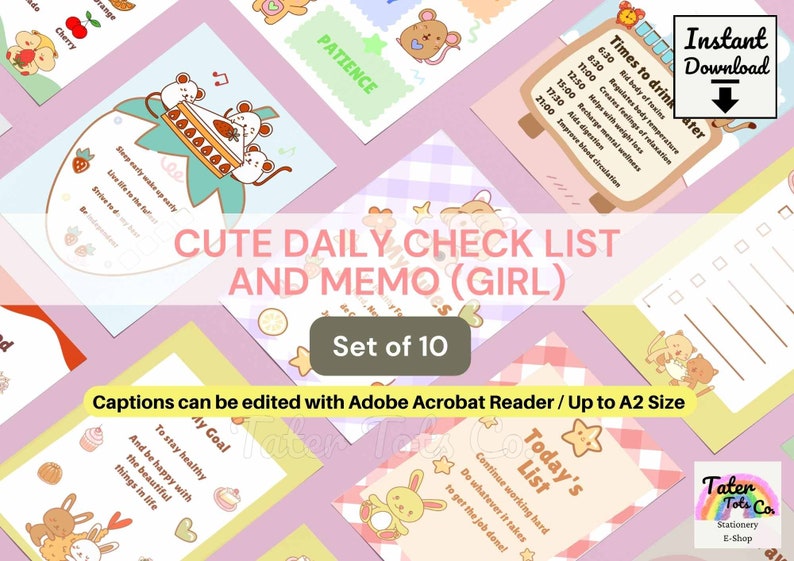 Daily Memos and Checklist for Study, Sweet Girls Kawaii Room Decor or Desk Decoration Instant Download Editable PDF