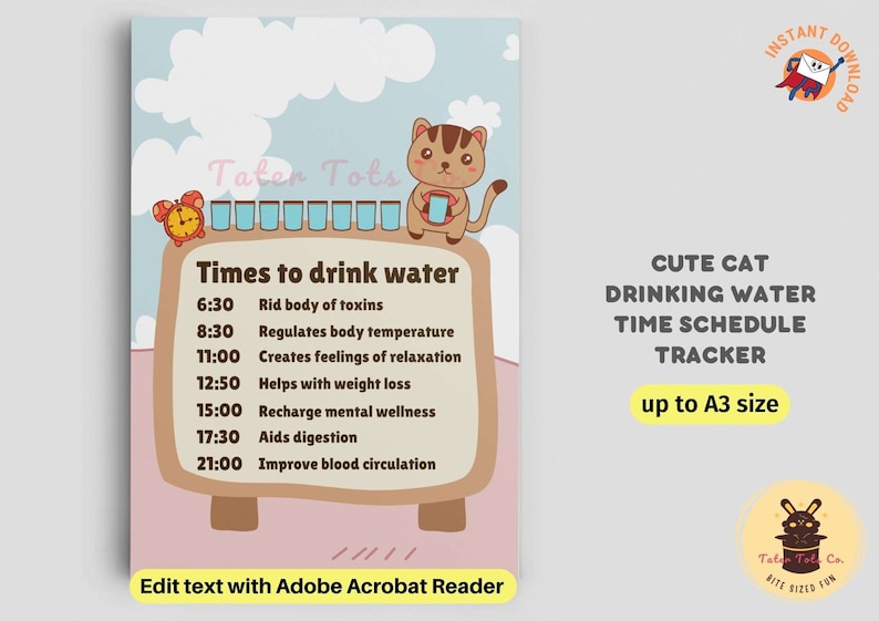 Cute Cat Water Tracker with Hourly Drinking Intake Schedule To-Do List or Study and work motivation Poster Editable PDF Instant Download