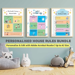 Personalized Daily Routine, Bedtime, Bathroom House Family Rules for kids Bundle Instant Download Editable PDF