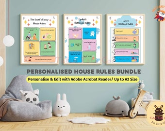 Gepersonaliseerde dagelijkse routine, bedtijd, badkamer Huis Familieregels voor kinderen Bundel direct downloaden bewerkbare pdf