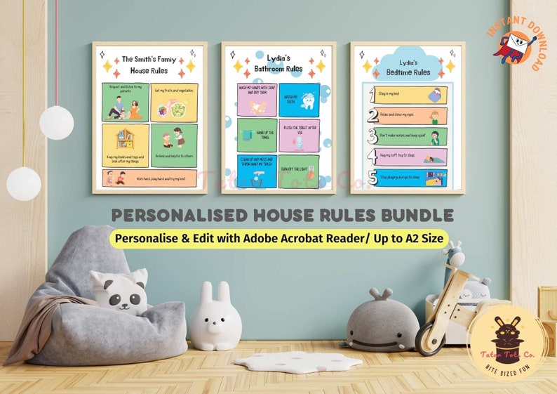 Personalized Daily Routine, Bedtime, Bathroom House Family Rules for kids Bundle