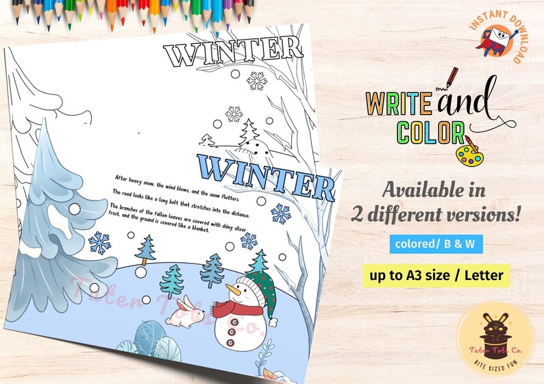 Winter Season Coloring and Writing Poster Template for Kids - Seasonal Activity Instant Download PDF