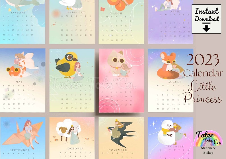 Printable 2023 Mini 12 month Calendar for desk, Cute Little Princess Dreamy Gradient Background 4 x 6 inch PDF