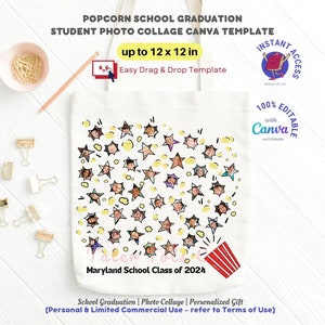 Modèle de toile pour collage photo de remise des diplômes sur le thème du pop-corn - Cadeaux personnalisés, designs par sublimation - Sac fourre-tout pour la promotion 2024, accès instantané