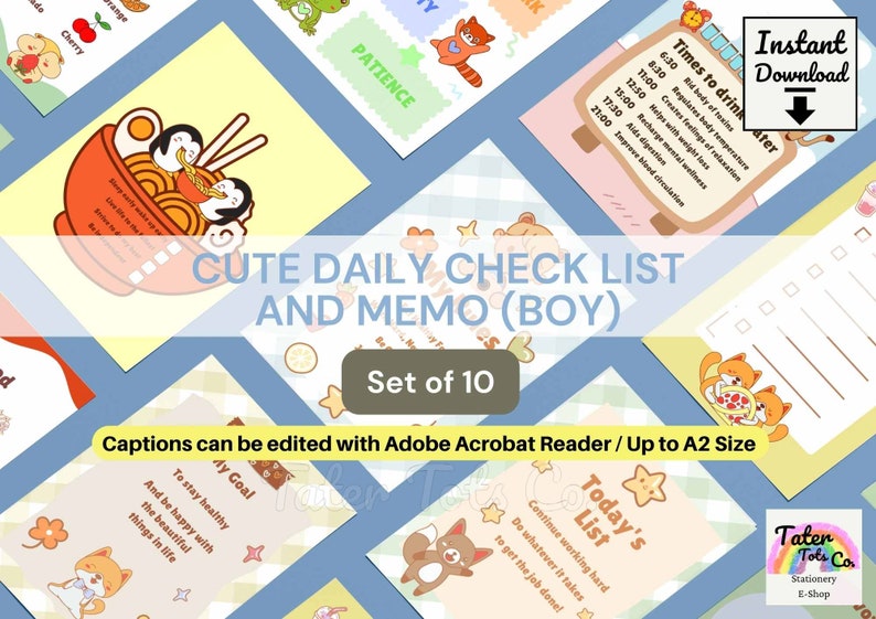 Cute Animals Daily Check List and Memo with Goal setting and Todo list for boys Editable PDF Instant Download
