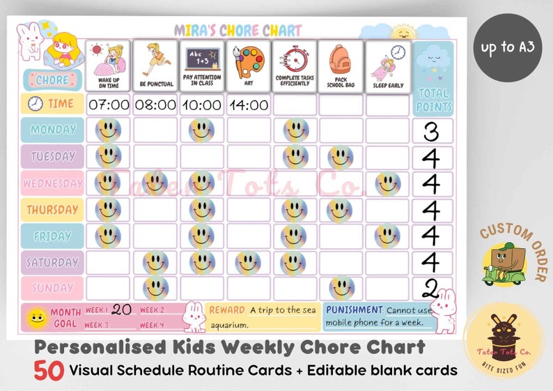Personalised Kids Weekly Chore Chart Visual Schedule with Sticker Rewards for Behavior Training PDF