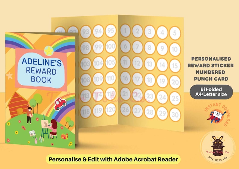 Personalised Reward Sticker Chart Punch Card Kids behavior Habit Tracker Editable Name and Profile PDF