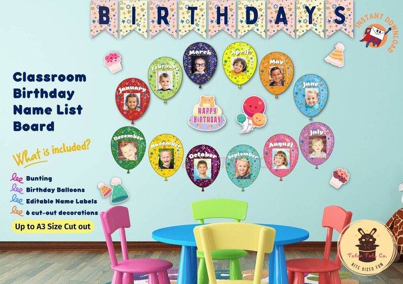 Classroom Birthday List Confetti Rainbow Balloons Bulletin Board with Bunting and Editable Name Labels Instant Download (PDF)