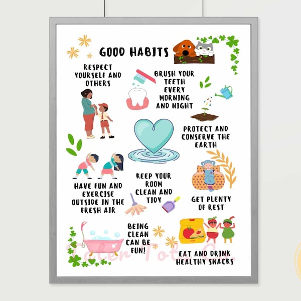 Good Habits Kids Daily Routine and Reminder Poster with Positive Self Care Quotes Instant Download (PDF)