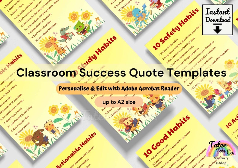 Editable Education Classroom Success Quote Templates, Customizable Class Rules Instant Download PDF