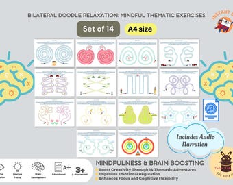 Mindful Doodle Adventures: Double Bilateral Thematic Activities for Kids Cognitive Skills | Set of 14 Easy Puzzles Instant Download PDF