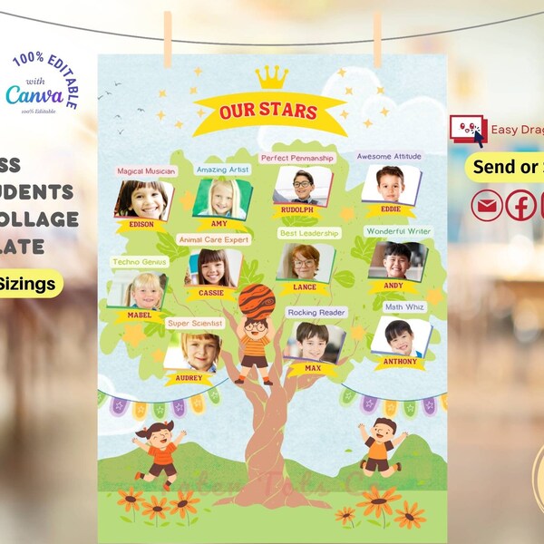 Class Star Students Open Book Tree Design Photo Collage Poster for Classroom display Fully Editable Canva Template Instant Access