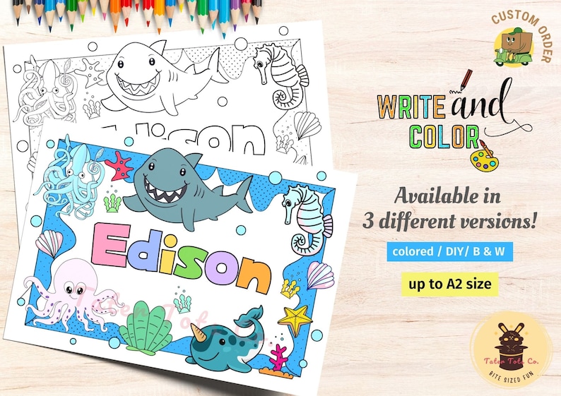 Personalized Name Write and Color Poster: Sea Marine Animals Design – Colored and Black & White Option Custom Order