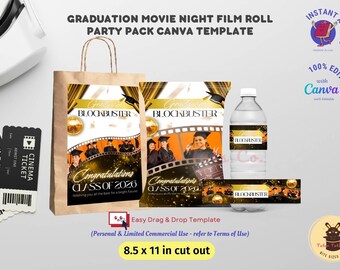 Graduation Movie Night Party Pack: Film Roll-Themed Matching Chip Bag, Bottle Snack Labels | Fully Editable Canva Template