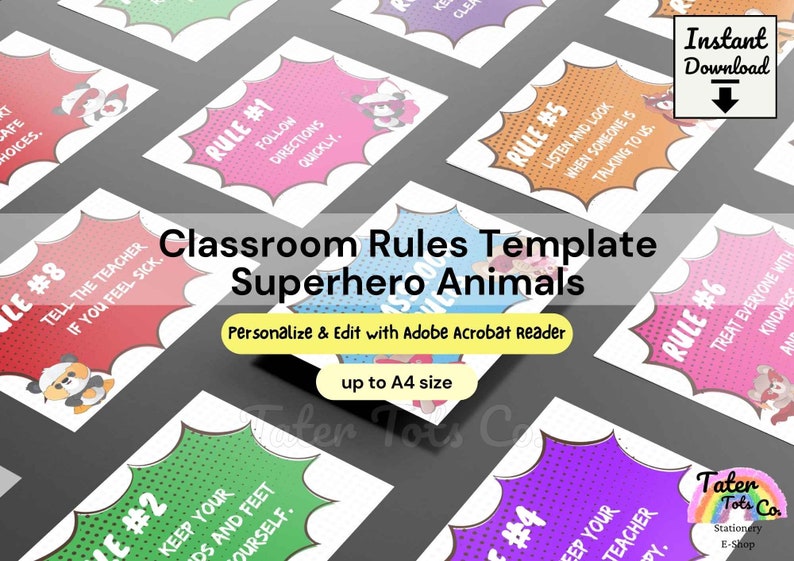 Editable Classroom Rules Superhero Cute Animals Poster, Printable School Signs Bulletin Board PDF