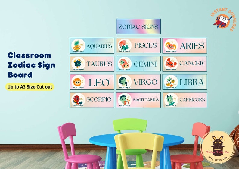 Classroom Zodiac Signs Astrology Theme Bulletin Board with Cute Animals and Title Label Instant Download (PDF)